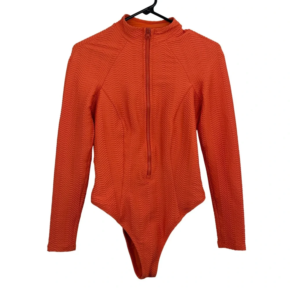 Gigi C Bodysuit Womens M Orange Surf Rash Guard Long Sleeve Mock Neck Zip Beach
